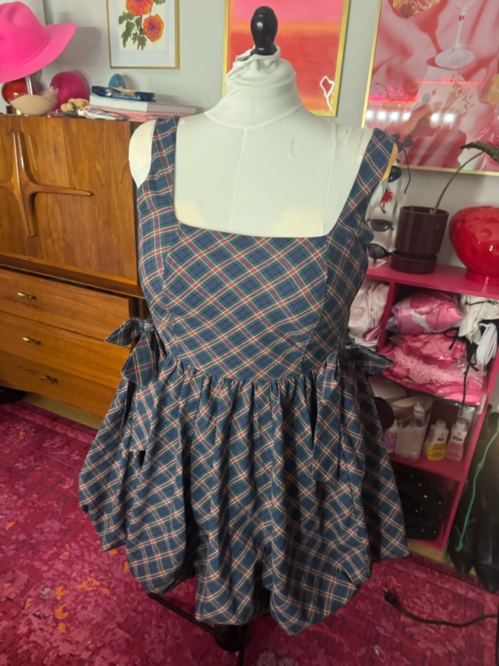 Plaid Square-Neck Mini Dress in Navy and Red